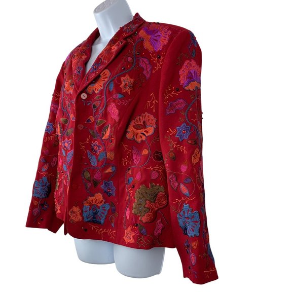 John Meyer Womens Embroidered Floral Embellished Crystals Blazer Jacket Red 16W - Picture 2 of 10